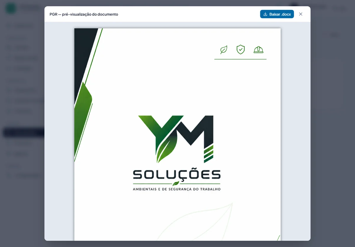 Pré-visualização da capa de um PGR gerado pelo sistema, com a marca da YM Soluções e o botão Baixar .docx